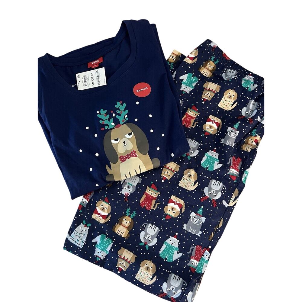 FAMILY PAJAMAS Women's 2-Piece Bah Humbug Dogs Pajama Set sz Plus Size M Blue